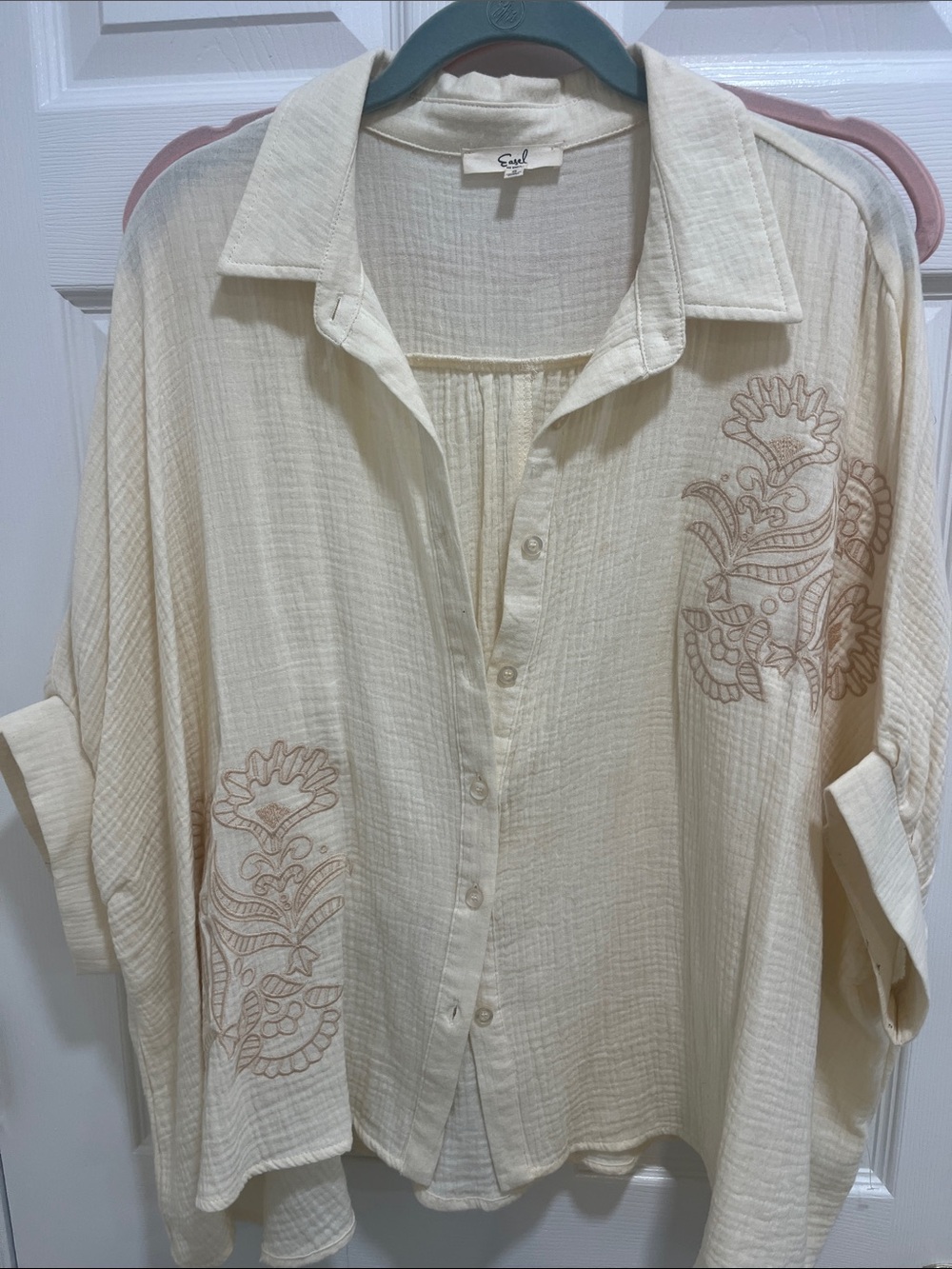 easel Cream Button-Down Shirt with Beige Embroidery